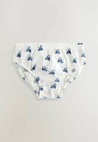 Culotte en coton blanc avec un motif de petits camions bleus. Caractéristiques : taille élastique et côtés froncés pour un ajustement confortable.