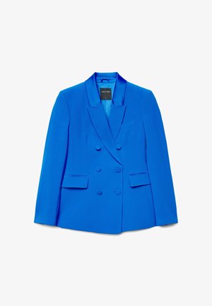 Blaues zweireihiges Sakko mit Reverskragen, zwei Vordertaschen und glatter Textur. Etikett im inneren Kragen sichtbar: "CALLIOPE."