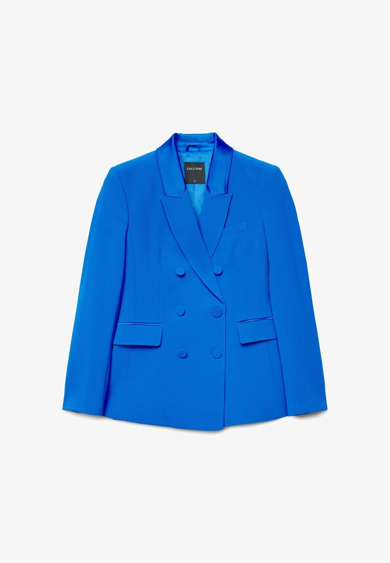 Blaues zweireihiges Sakko mit Reverskragen, zwei Vordertaschen und glatter Textur. Etikett im inneren Kragen sichtbar: "CALLIOPE."