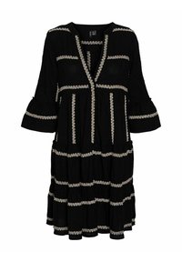 Black dress made of lightweight fabric, featuring a V-neckline, flared sleeves, and embroidered trim along vertical lines and tiers.