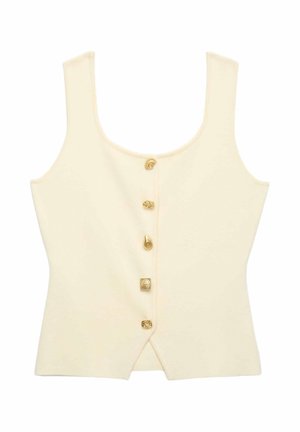 Top de punto sin mangas en color crema con cuello redondo y cinco botones decorativos dorados en el centro delantero.