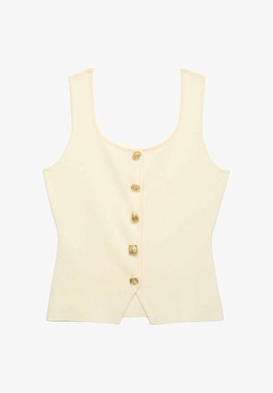 Top de punto sin mangas en color crema con cuello redondo y cinco botones decorativos dorados en el centro delantero.