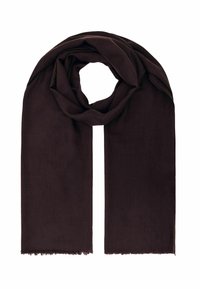 Eșarfă lungă, rectangulară, de culoare maro închis, cu margini desfăcute, aranjată într-o buclă liberă în centrul pe un fundal alb.