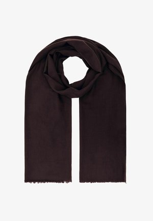 Tamsiai rudas ilgas stačiakampis šalikas su pūkuotais kraštais, laisvai apvyniotas viduryje ant balto fono.