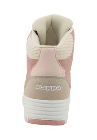 High-top sneaker in pink and beige suede, with ribbed accents and white branded logo on the heel. White rubber outsole with textured pattern.