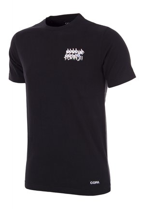 Black cotton t-shirt featuring a graphic print of players in white, a round neck, short sleeves, and a small "COPA" logo at the hem.