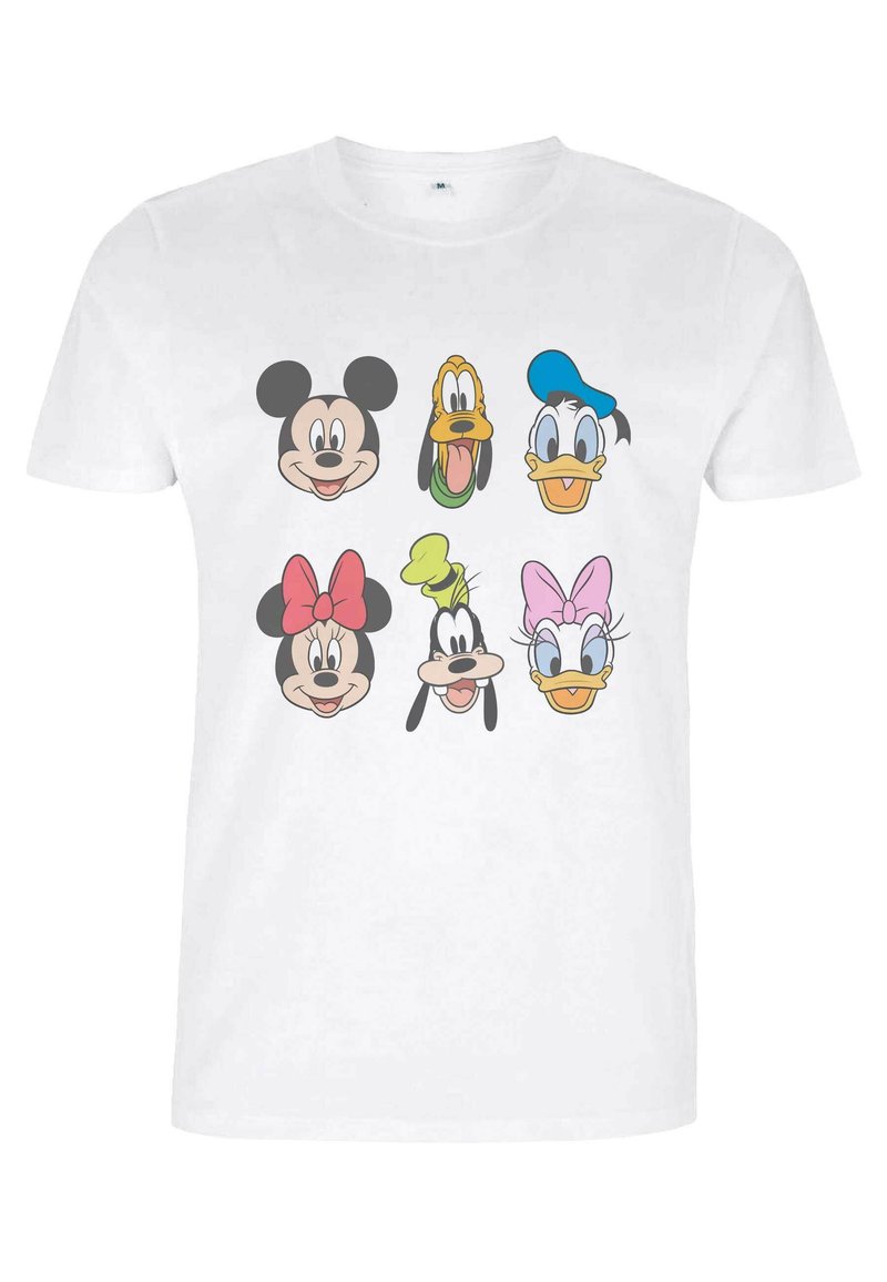 Hvid bomulds t-shirt med tegneseriefigurer: Mickey Mouse, Minnie Mouse, Goofy, Pluto, Anders And og Daisy Duck i forskellige farver.