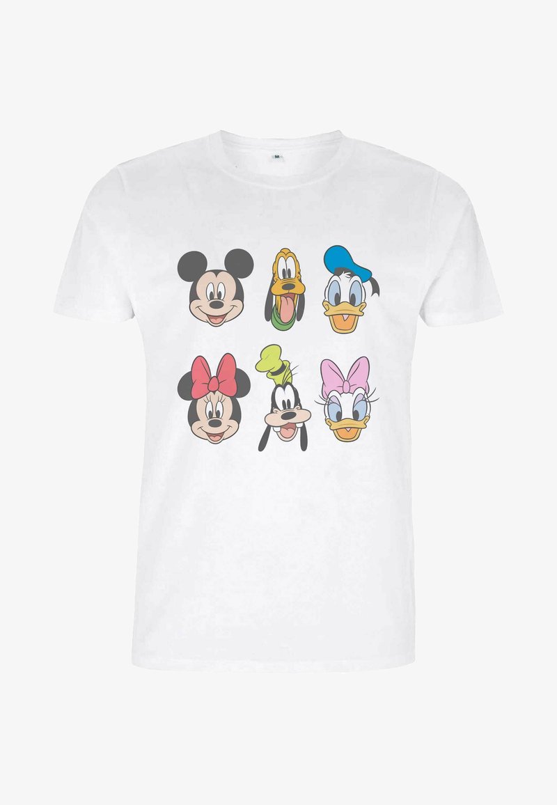 Hvid bomulds t-shirt med tegneseriefigurer: Mickey Mouse, Minnie Mouse, Goofy, Pluto, Anders And og Daisy Duck i forskellige farver.