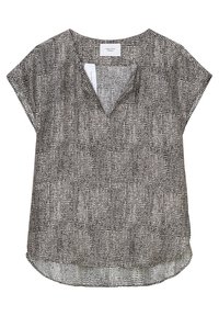 Blouse à manches courtes en tissu texturé noir et blanc, avec un décolleté en V et un ourlet légèrement incurvé. Étiquette visible au niveau du décolleté.