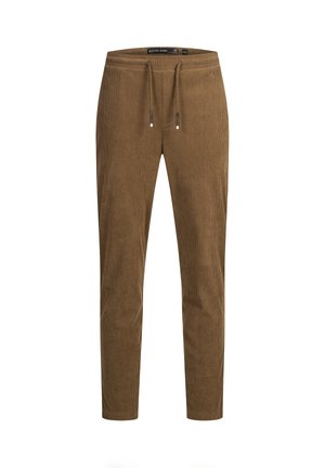 Pantaloni in corduroy marrone con una vestibilità affusolata, caratterizzati da una vita elastica e un laccio, tessuto testurizzato con righe verticali, senza tasche.