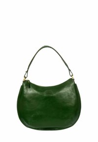 Sac à main en cuir vert, à la forme arrondie, avec une poignée tressée et des détails en métal doré. Design simple avec fermeture éclair.