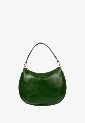 Sac à main en cuir vert, à la forme arrondie, avec une poignée tressée et des détails en métal doré. Design simple avec fermeture éclair.