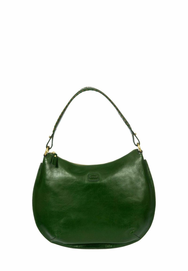 Sac à main en cuir vert, à la forme arrondie, avec une poignée tressée et des détails en métal doré. Design simple avec fermeture éclair.