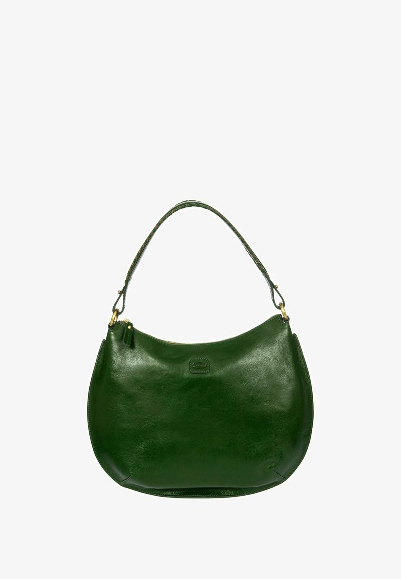 Sac à main en cuir vert, à la forme arrondie, avec une poignée tressée et des détails en métal doré. Design simple avec fermeture éclair.