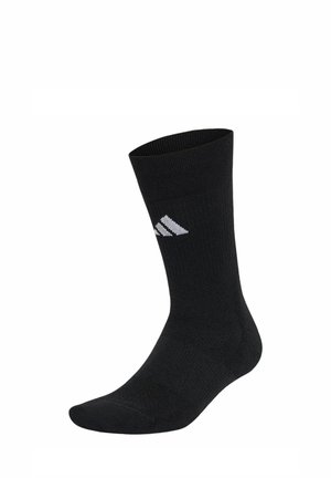 Czarna skarpeta typu crew z białym logo adidas po boku, prążkowana faktura, zaprojektowana do użytku sportowego.