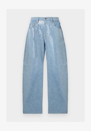 Ανοιχτό μπλε τζιν με ψηλή μέση και φαρδιά μπατζάκια, με εμπρός τσέπες και λαμπερή διακόσμηση με παγιέτες στο πάνω μπροστινό μέρος.
