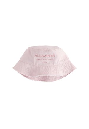 Hellrosa Eimerhut mit breiter Krempe, vorne mit "ALLSAINTS" und japanischem Text in passendem rosa Garn bestickt.