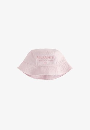 Hellrosa Eimerhut mit breiter Krempe, vorne mit "ALLSAINTS" und japanischem Text in passendem rosa Garn bestickt.