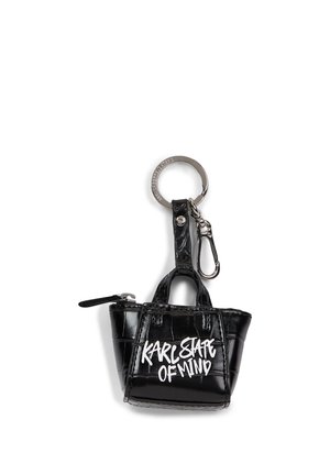 Black faux leather mini tote bag keychain with white "KARL STATE OF MIND" text, silver zipper, and metal ring with clip attachment.