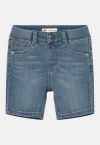 Denim shorts met een lichtblauwe wassing, elastische tailleband, vijf zakken, lichte vervaging en een knopenaccent aan de voorkant.