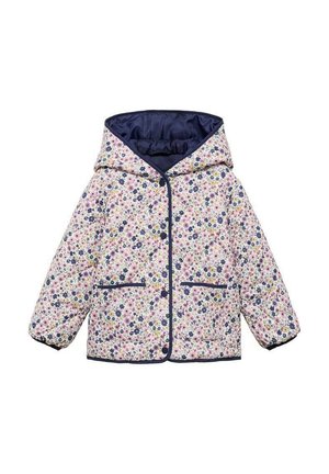 Blumenmuster Winterjacke mit Kapuze, Druckknöpfen und zwei Fronttaschen, vor einem weißen Hintergrund.