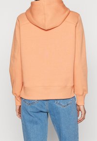 Peach-colored hooded sweatshirt with a relaxed fit, ribbed cuffs, and a simple design. Soft texture, visible stitching detail at shoulders.