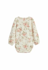 Langærmet top i cremefarvet stof med et blomsterdesign med pink roser og grønne blade. Elastiske manchetter og rund halsudskæring.