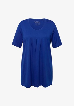 Haut bleu à manches courtes avec un col en V, présentant des plis verticaux à l'avant, fabriqué en tissu doux, offrant une coupe décontractée et ample.