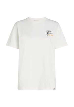 Biały bawełniany T-shirt z okrągłym dekoltem, krótkimi rękawami i nadrukowanym logo na lewej piersi. Luźny krój, gładka faktura.