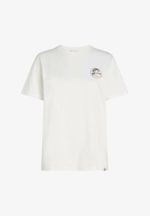 Biały bawełniany T-shirt z okrągłym dekoltem, krótkimi rękawami i nadrukowanym logo na lewej piersi. Luźny krój, gładka faktura.