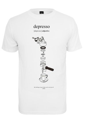 Weißes Baumwoll-T-Shirt mit schwarzen grafischen Illustrationen von Kaffeegeräten und textlichen Bezügen zu Espresso. Einfaches Design, kurze Ärmel.
