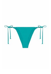 Türkise Bikiniunterhose mit seitlichen Bindebändern, hat eine glatte Textur, ein hochgeschnittenes Design und minimale Abdeckung.