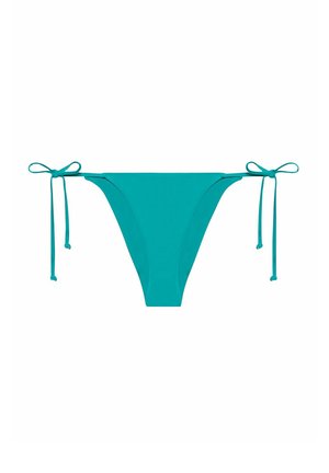 Slip inferiore di bikini turchese con laccetti sui fianchi, caratterizzato da una superficie liscia, un design a taglio alto e una copertura minima.