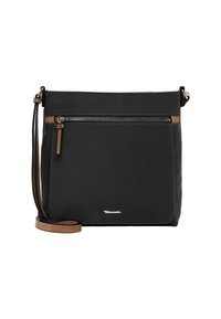 Black crossbody bag with a front zipper pocket, brown leather accents, adjustable strap, smooth texture, and a gold logo detail.