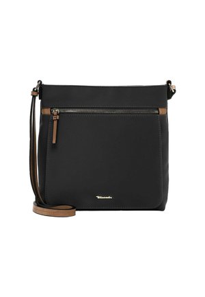 Black crossbody bag with a front zipper pocket, brown leather accents, adjustable strap, smooth texture, and a gold logo detail.