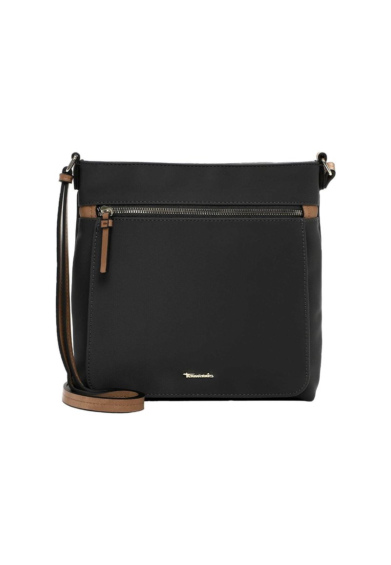 Black crossbody bag with a front zipper pocket, brown leather accents, adjustable strap, smooth texture, and a gold logo detail.