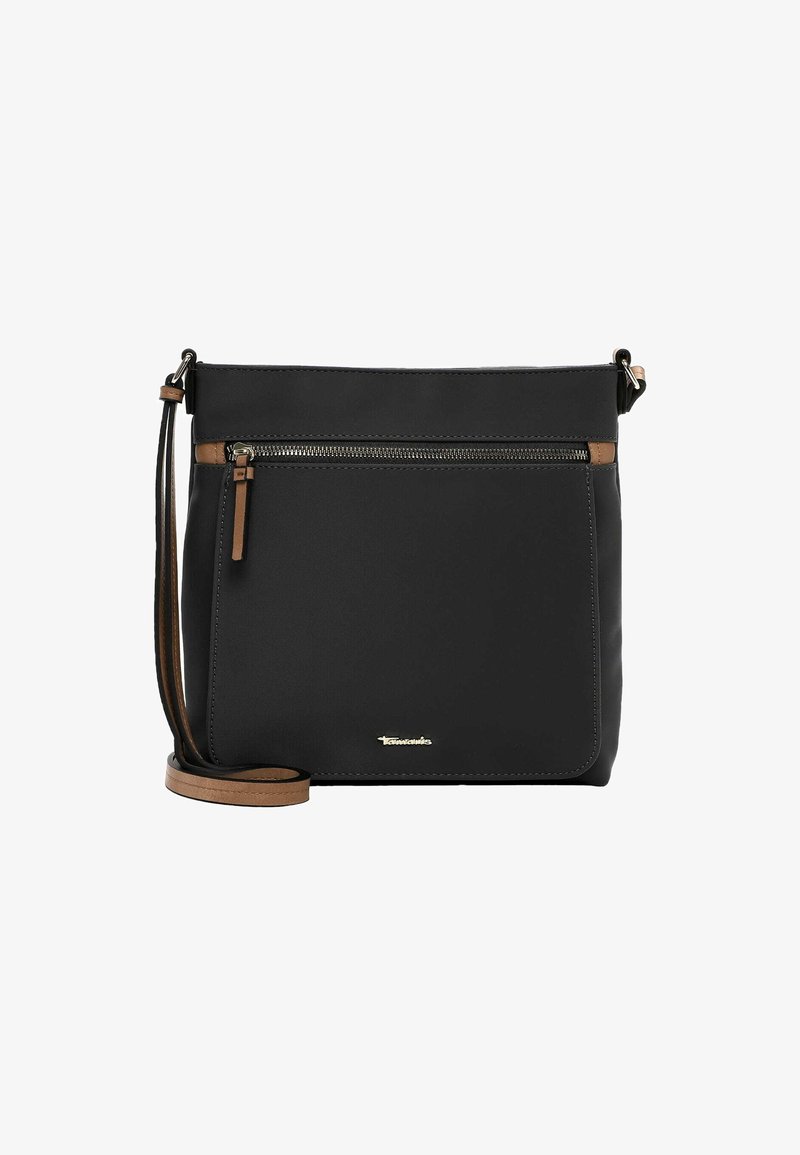 Borsa a tracolla nera con tasca anteriore con zip, dettagli in pelle marrone, tracolla regolabile, texture liscia e un dettaglio del logo in oro.