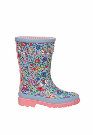Kinder-Gummistiefel mit pinker Sohle, hellblauem Hintergrund, verziert mit bunten Blumen und Illustrationen eines springenden Pferdes.