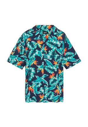 Camicia a maniche corte blu navy con bottoni, decorata con foglie tropicali turchesi e fiori di uccello del paradiso arancioni.