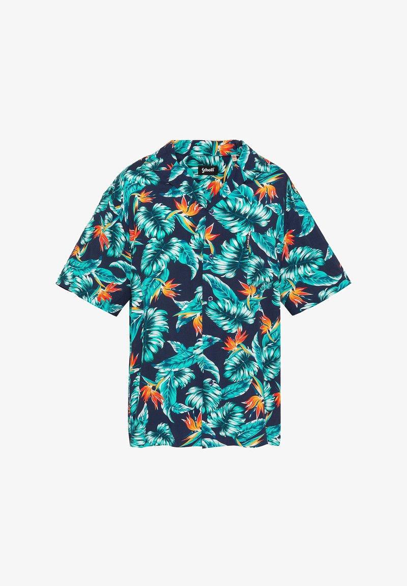 Chemise à manches courtes bleu marine avec des boutons, ornée d'un motif de feuilles tropicales turquoise et de fleurs d'oiseau de paradis orange.