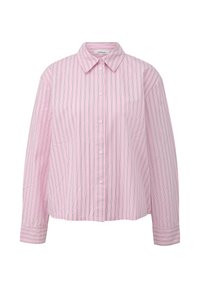 Pink button-up shirt featuring vertical stripes in white and green, with a pointed collar and relaxed fit. Smooth cotton fabric with long sleeves.
