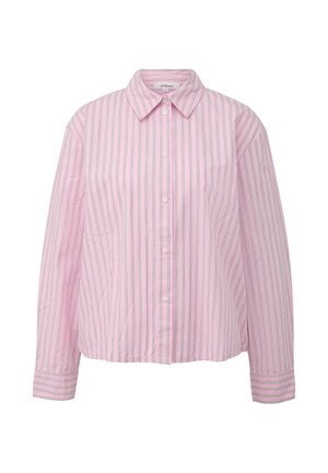 Pink button-up shirt featuring vertical stripes in white and green, with a pointed collar and relaxed fit. Smooth cotton fabric with long sleeves.