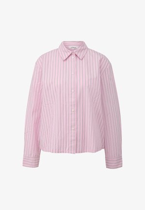 Pink button-up shirt featuring vertical stripes in white and green, with a pointed collar and relaxed fit. Smooth cotton fabric with long sleeves.