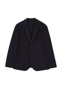 Blazer blu navy realizzato in tessuto liscio, con rever a punta, due bottoni e due tasche frontali. Silhouette pulita e sartoriale.
