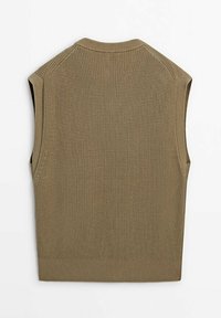 Sleeveless knitted vest in beige with ribbed collar, armholes, and hem, laid flat showing back side.