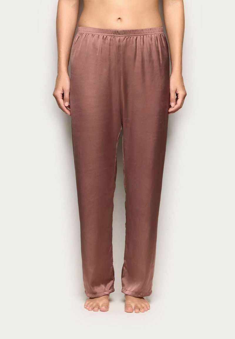 Pantaloni de pijama din satin, culoare roz estompat, cu talie elastică, croială lejeră și textură fină, ce ajung până la mijlocul gleznei.