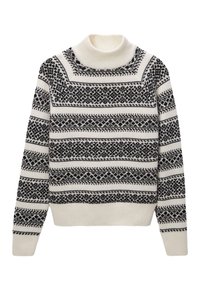 Pull en tricot crème et noir, avec un design à col roulé. Présente des motifs géométriques et un ourlet et des poignets côtelés.