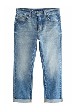 Jean en denim délavé bleu clair avec revers roulés, bouton et fermeture éclair à l'avant, passants pour ceinture et style à cinq poches.