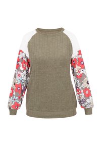 Oliven grøn langtærmet sweatshirt med ribbet tekstur, blomstrede ærmer i rød, blå og hvid, og en rund halsudskæring.