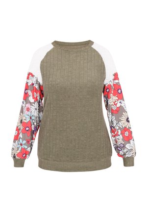 Sweatshirt lung cu mâneci lungi de culoare verde măsliniu, cu textură fâșie, mâneci cu un model floral în nuanțe de roșu, albastru și alb, și guler rotund.